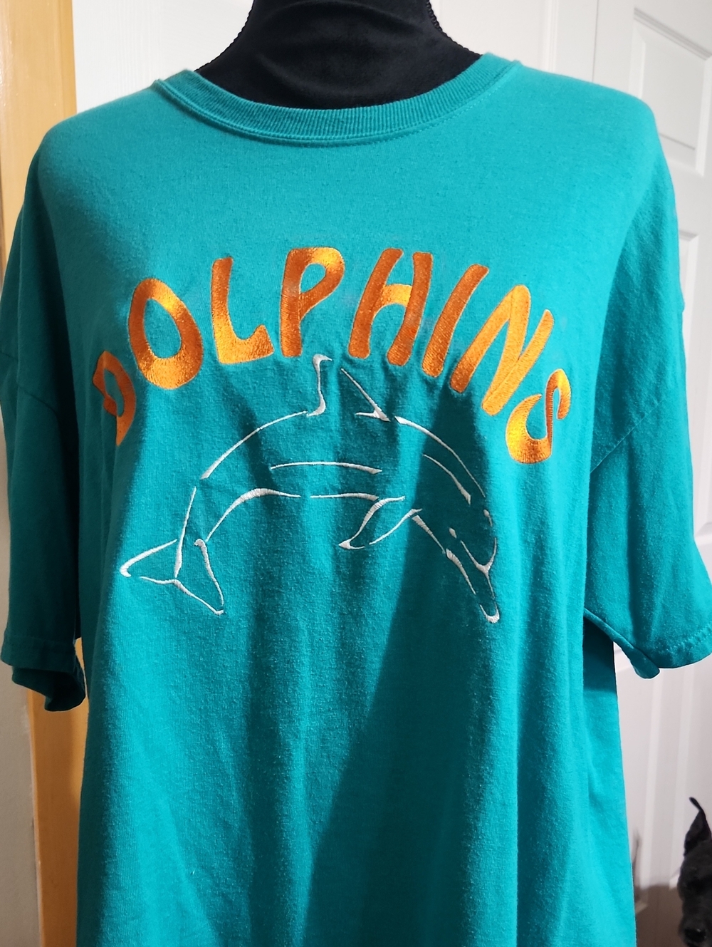 Jerzees Teal Short Sleeve Tee with Orange Embroidered 'DOLPHINS' Graphic